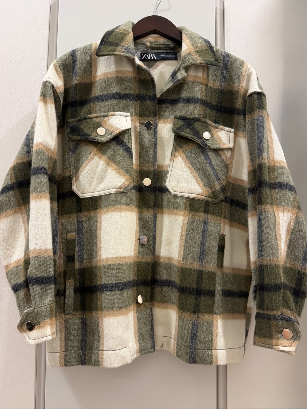 Zara Women Olive, Black & Cream Plaid with Pockets Shacket SZ XS Oversized
